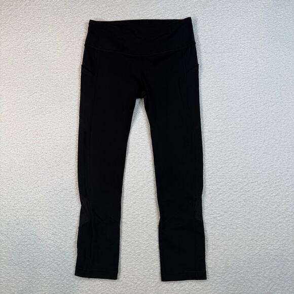 Lululemon Pants - Lululemon Crop Leggings Run Inspire II Pocket Solid Black Mesh Panel Womens Sz 4